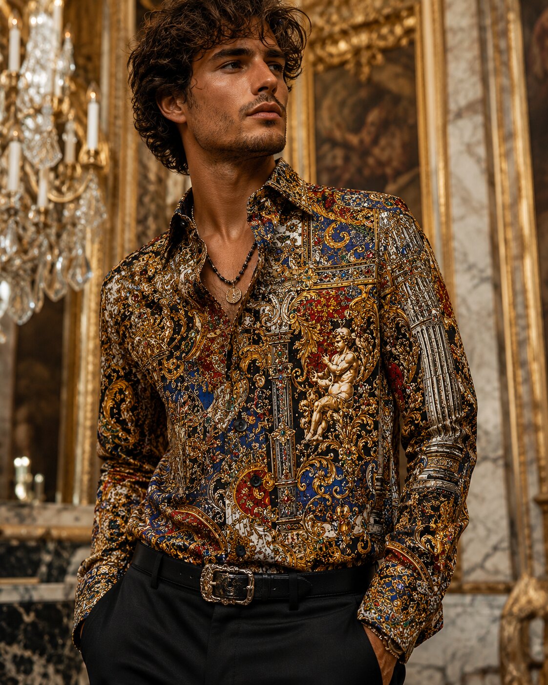 Model wearing The Baroque Meltdown shirt in an ornate luxury interior